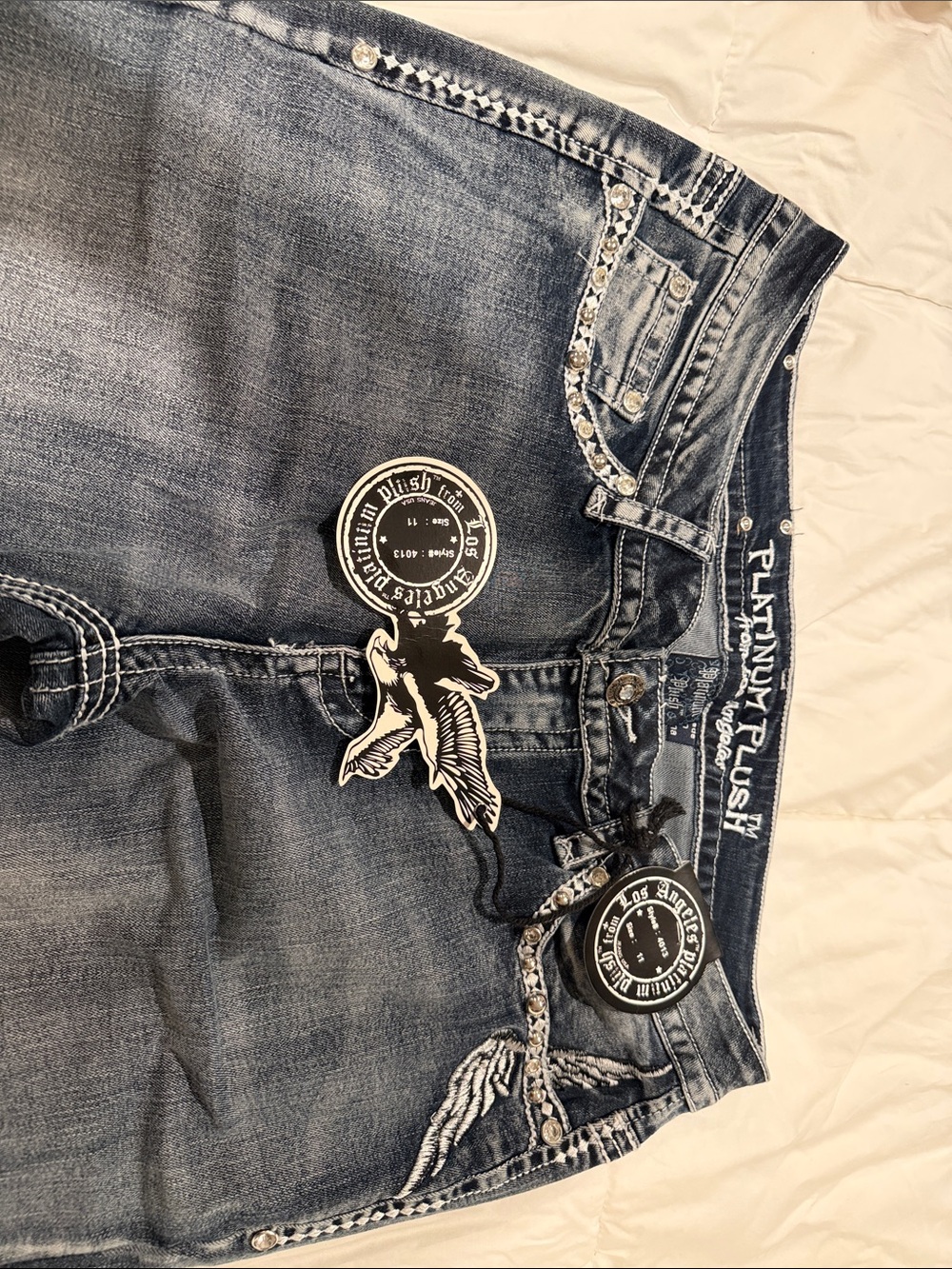 Platinum Plush Women's Medium Blue Boot Cut Jeans with Embroidered Details